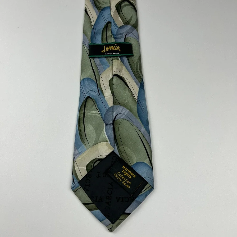 Vintage‎ 2004 J. Garcia Northern Lights Green Blue Geometric 100% Silk Tie China